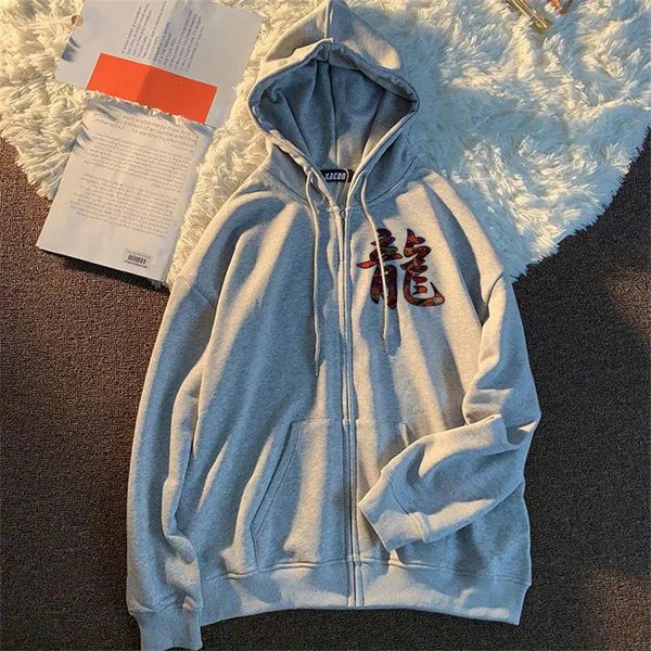 

men's hoodies & sweatshirts harajuku korean version loose and enlarged long-sleeved hooded sun protection jacket dragon retro zipper y2, Black
