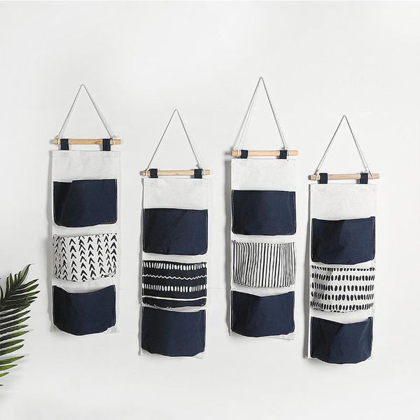 

storage boxes & bins blue 3 pockets wall hanging bags cotton linen door organizer pouch bedroom home decoration kitchen bathroom