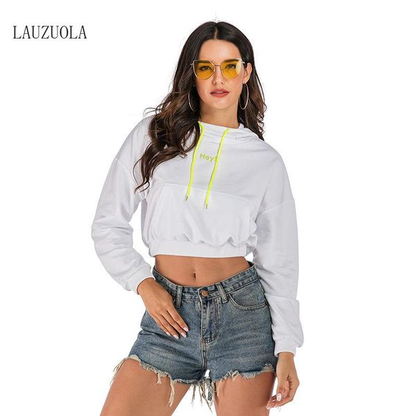 

women's hoodies & sweatshirts letter embroidered cropped hoodie women long sleeve crewneck hooded pullovers 2021 autumn streetwear whit, Black