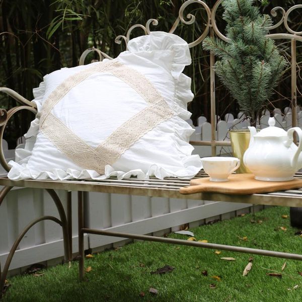 

cushion/decorative pillow french pastoral white square cushion cover with flounce cotton cloth cases for couch bed car chair throw covers