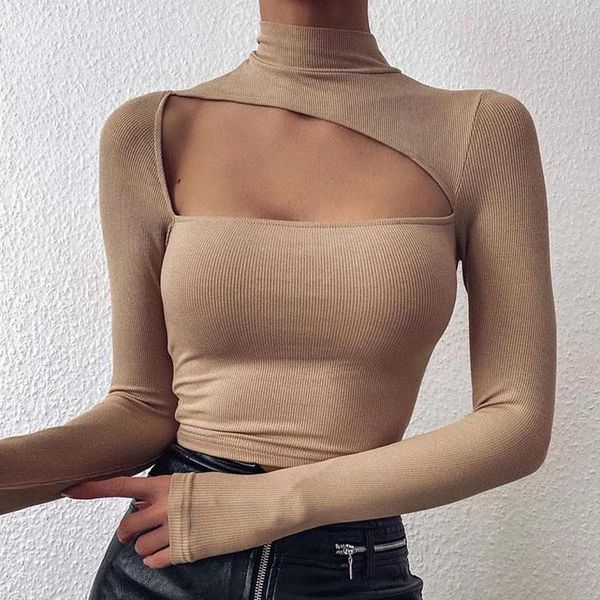 

women's blouses & shirts off shoulder cut patchwork spring 2021 women hollow out o neck elegant blouse autumn long sleeve rib, White