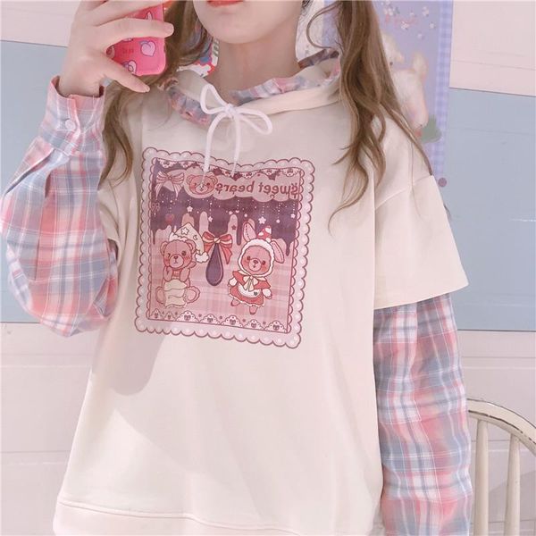 

women's hoodies & sweatshirts kawaii ruffles cartoon casual hooded autumn female japanese mori girl false two pieces plaid students, Black