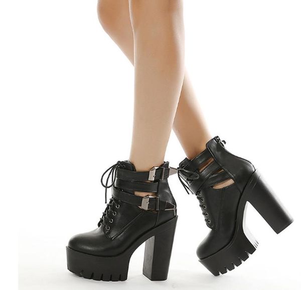 

boots women ankle chunky high heels pumps shoes woman booties platform waterproof chaussures femme zapatos mujer sapato k0068, Black