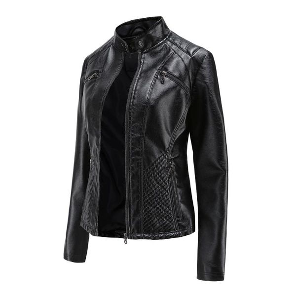 

women's leather & faux plus size female jacket for spring autumn fashion pu feminine coat stand collar with buttons solid slim high qua, Black