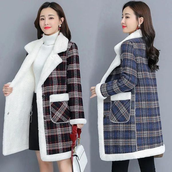 

women's wool & blends 2021 winter women jacket faux lamb woolen coat lattice thicken plus velvet mid long female cloth overcoat r1324, Black