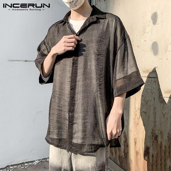 

incerun men solid color see through casual shirts man short sleeve lapel neck blouse 2021 fashion button thin mesh camisa s-5xl, White;black