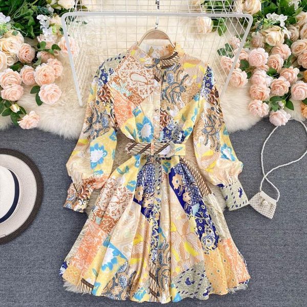 

runway fashion print vintage womens dress elegant stand collar long sleeve mini shirt with belt, Black;gray