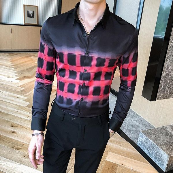 

men's casual shirts british style gradient color shirt men fashion 2021 long sleeve plaid slim fit for clothing 3xl, White;black