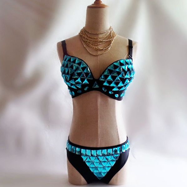 

rhinestone bikini women puff bar female dj gogo dancer costume shiny bra panty party festival outfit womens clothing 1568, Black;red