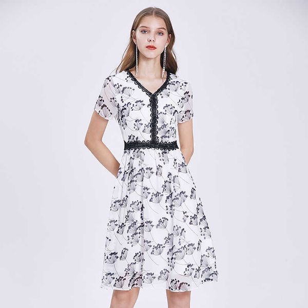 

floral print dress women v-neck short sleeve high waist lace splice summer casual holiday boho vestido 210529, Black;gray