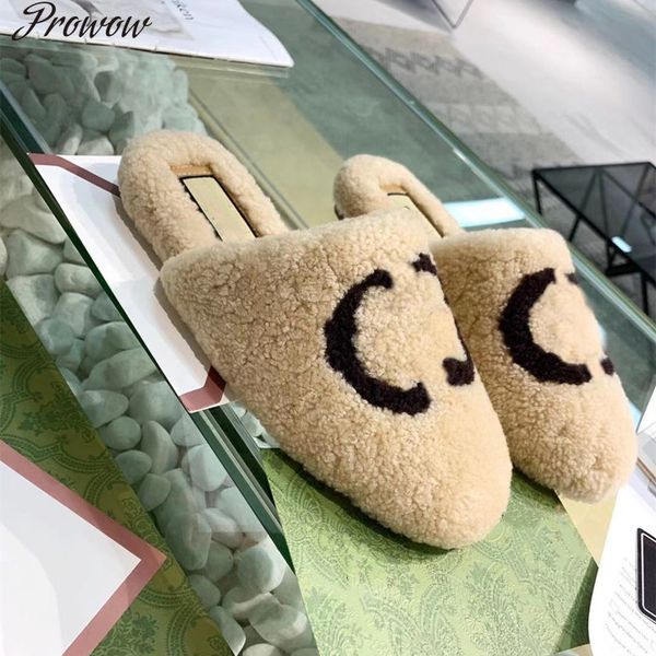 

prowow lamb wool slippers women new design 2021 winter chic luxury brand designer fashion furry slides female shoes mixed mules, Black