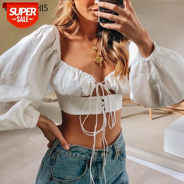 

WannaThis Lantern Sleeve Blouse Women V-Neck Front Hollow Out Bow Laceup Button Sexy Bandage Solid Slim Cropped Fashion Autumn #fm3H, White