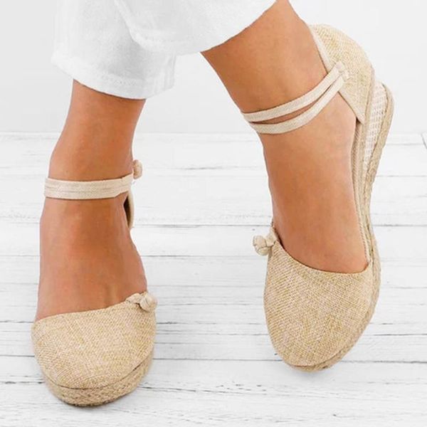 

women ladies straw rope sandals retro linen canvas wedge round toe casual sandals singles shoes elegant closed toe sandal, Black