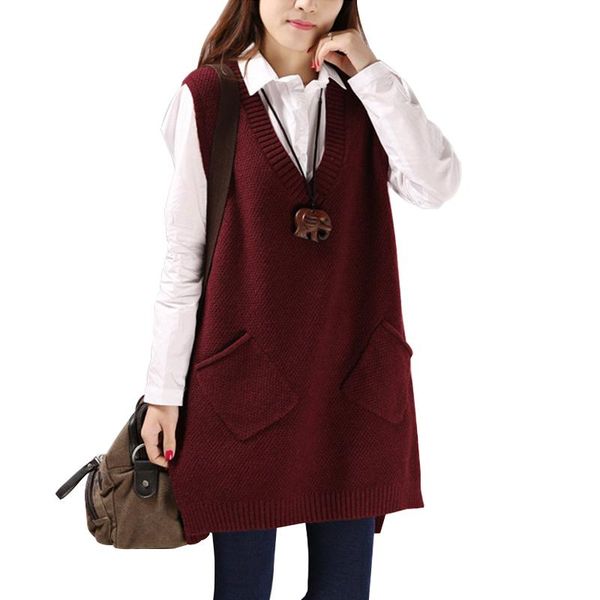

women's vests autumn knitted long vest women sleeveless sweater casual coat female slim waistcoat gilet femme v-neck pocket winter basi, Black;white