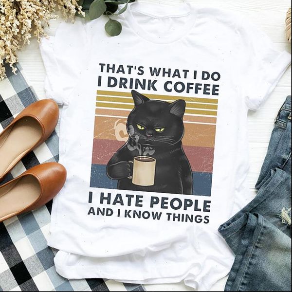 

women lady cat coffee animal striped kawaii fall halloween print t tee womens tshirt female shirt clothes graphic, White