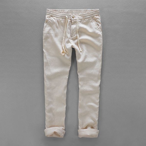 

2021 new elastic waist casual brand linen men long spring pants loose solid trousers mens plus size 40 pantalon 7zq6, Black
