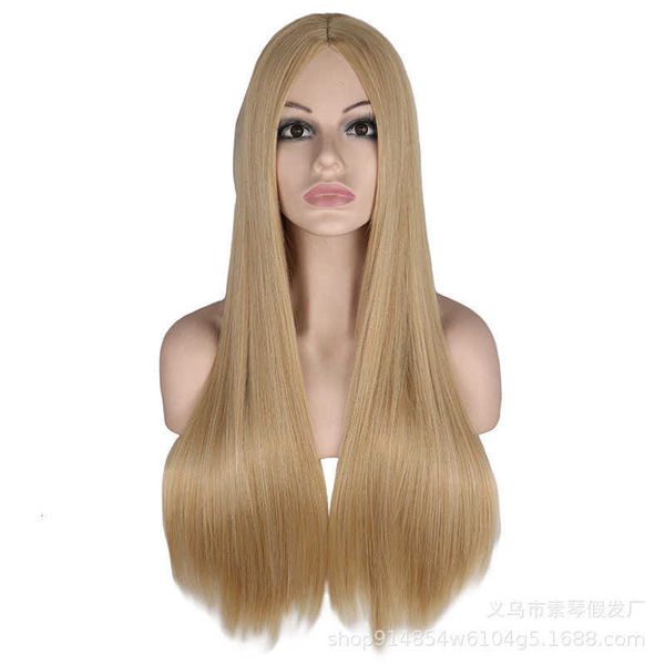 

split scalp mixed with gold long straight animation wig stage performance cos female hair, Black
