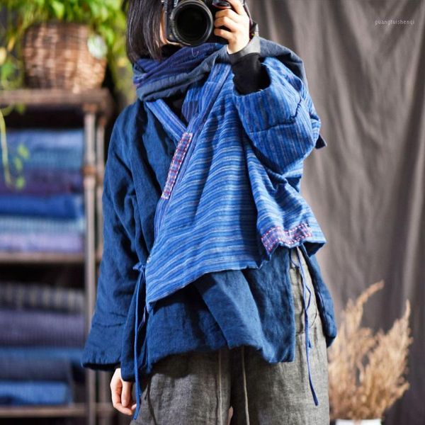 

women's down & parkas johnature women vintage blue patchwork color belt coats 2021 winter v-neck warm thick female cotton linen coat, Black
