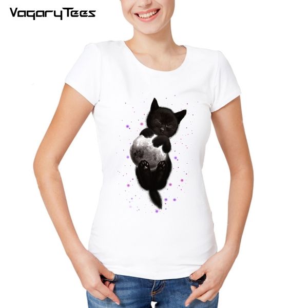 

2019 new arrivals funny animals bubbles/hugging the moon t shirt women's cute punk cats printed t-shirt casual streetwear c0220, White
