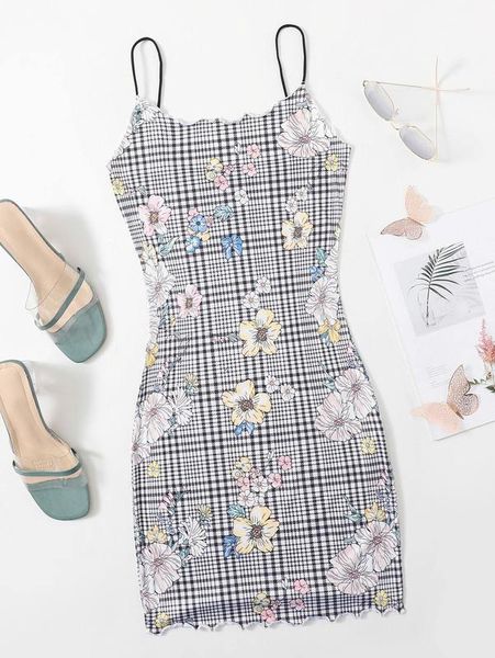 

plaid floral lettuce trim bodycon dress she, Black;gray