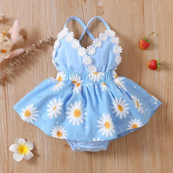 

jumpsuits summer infant girls daisy print sweet short romper, sleeveless v-neck backless jumpsuit for 0-18 months, Blue