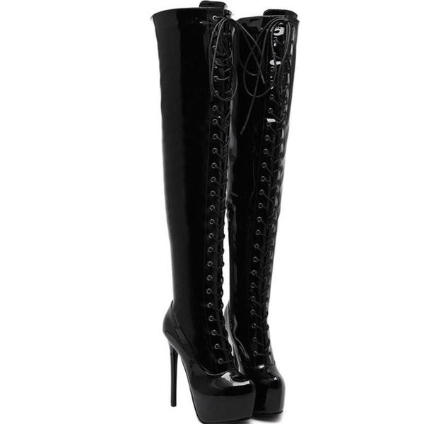 

boots autumn winter women platform thin heels long nightclub modern ladies girls pointed toe over the knee boot shoes, Black
