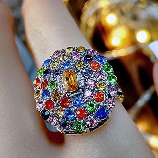 

wedding rings womens shining multi colored rhinestone blossom inlay crystal charm couple cz engagement jewelry cocktail, Slivery;golden