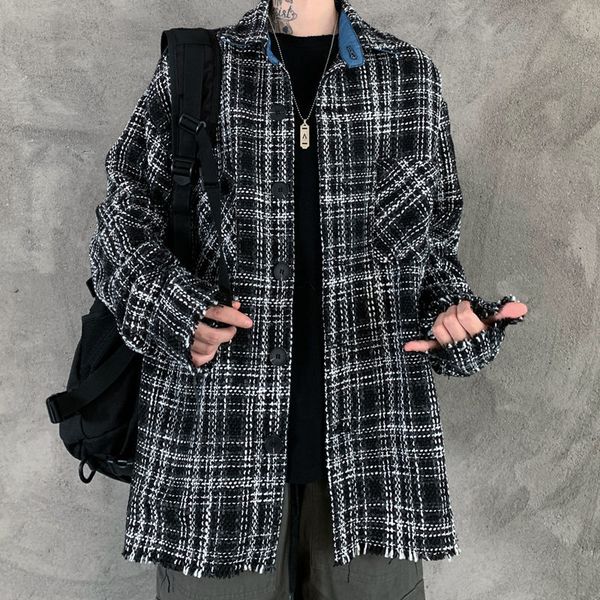 

2021 new men's fashion trend woolen blends plaid printing thick material coats streetwear bomber jacket black color outerwear m-xl rgl4, Black;brown