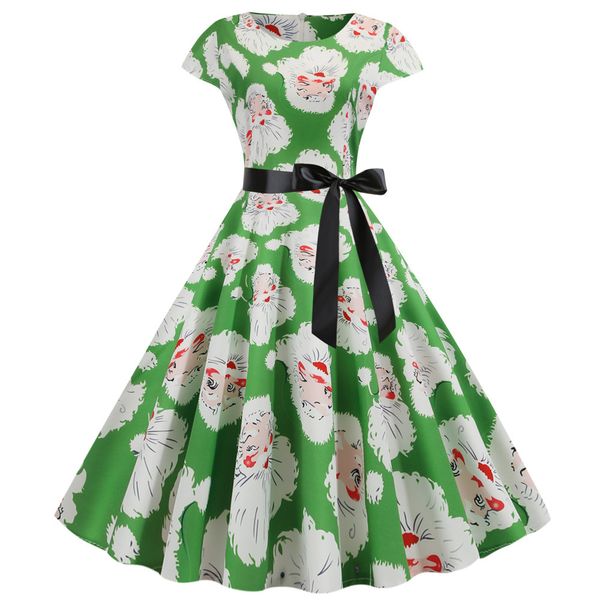 

christmas costume women short sleeve print elegant vintage xmas party dresses robe femme casual skirt with belt, Black;red