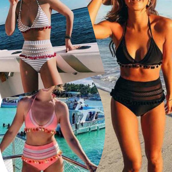 

tassel neck high waist 2019 swimsuit mesh split bikini, White;black