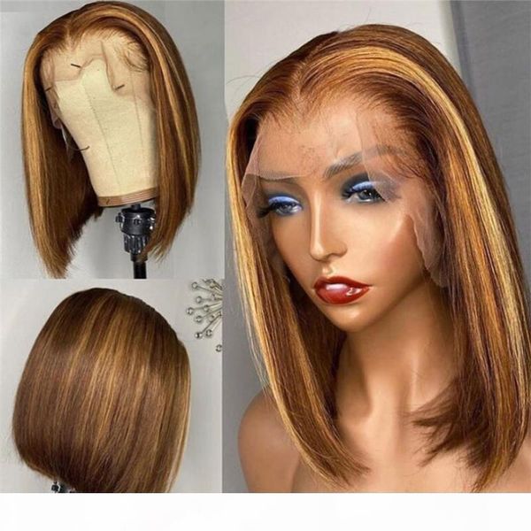 

highlight blonde short bob wig 5*5 pu silk base wig straight lace front human hair wigs with baby hair bleached knots, Black;brown
