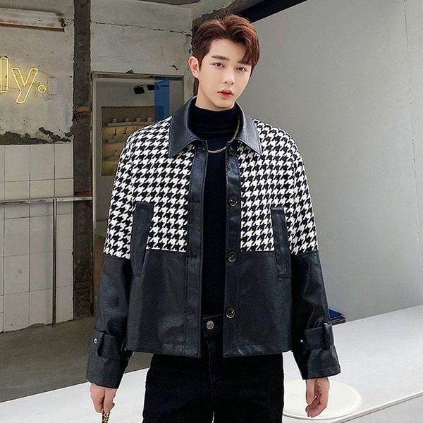 

men's jackets men spring autumn houndstooth splice casual loose jacket overcoat male japan korea streetwear retro fashion coat outerwea, Black;brown