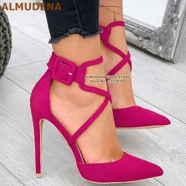 

dress shoes almudena fuchsia suede cross strap pumps stiletto heels pointed toe ankle square buckle wedding banquet, Black