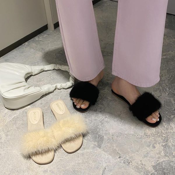 

real mink girl fluffy fur slippers summer raccoon fur slippers shoes flip flops flat shoes slides outdoor sandals, Black