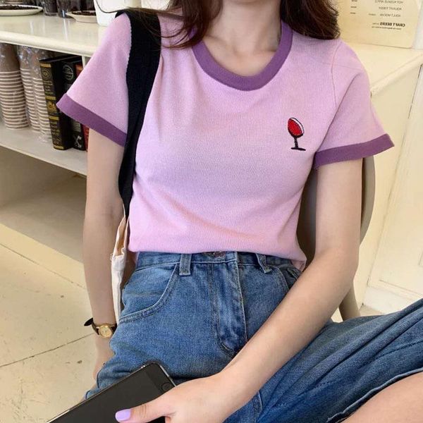 

knitted tees cute solid o-neck short sleeve crop summer t-shirts women thin t-shirts 2021 summer, White
