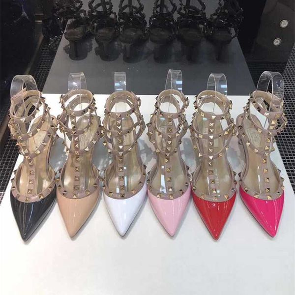 

2021 designers toe 2-strap shoes high heels sandals studs pump women patent calfskin leather ankle strap bottom designerss, Black