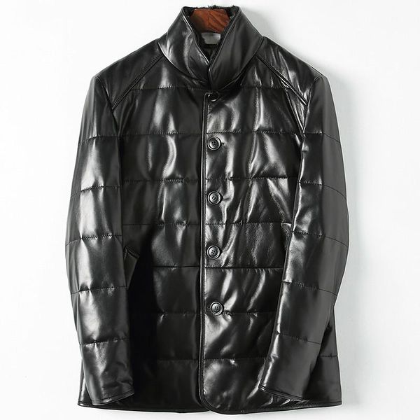 

men's leather & faux genuine sheepskin men autumn winter slim down jacket collar chaqueta cuero hombre x-259 kj1442, Black