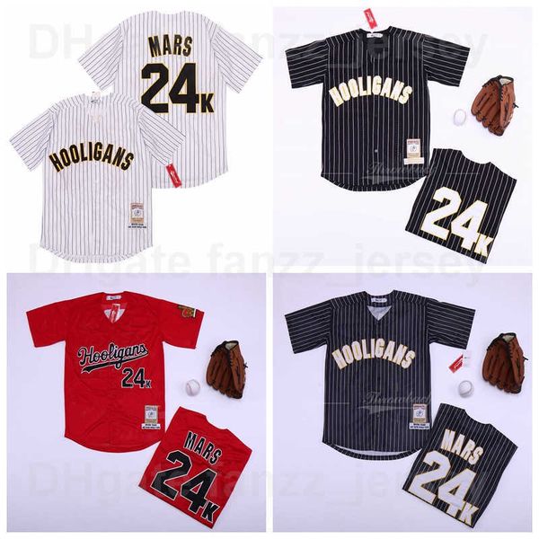 

moive baseball hooligans 24k bruno mars jersey men pinstripe black red white team color breathable all stitching cool base pure cotton on sa