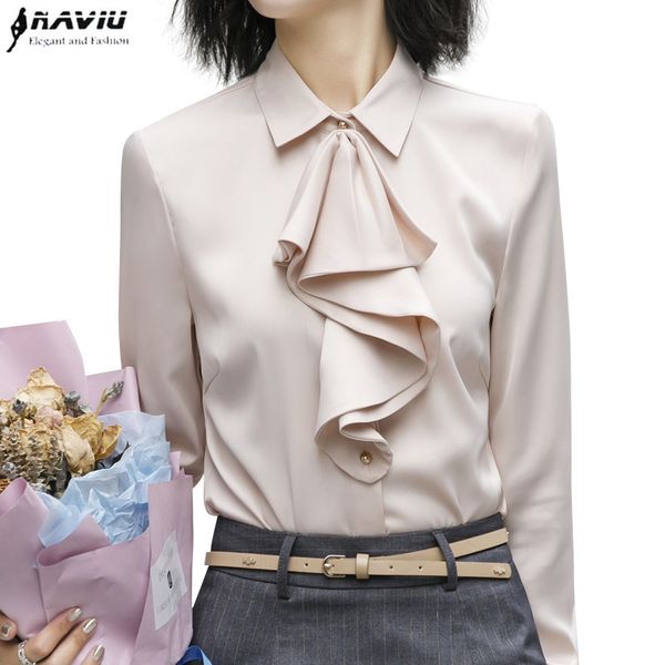 Camicia elegante da donna con volant Nuove camicette in chiffon slim a maniche lunghe formali da donna da ufficio Plus Size Top da lavoro 210225