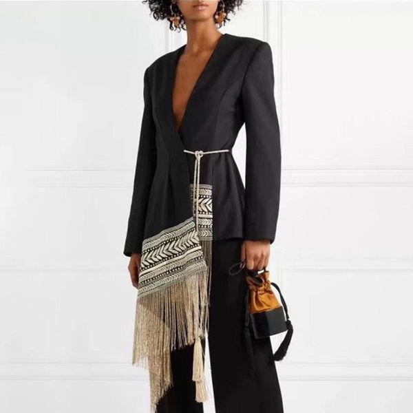 

2021 autumn new fashion ladies heavy industry embroidery jacquard irregular fringed hem waist show thin suit coat female, White;black