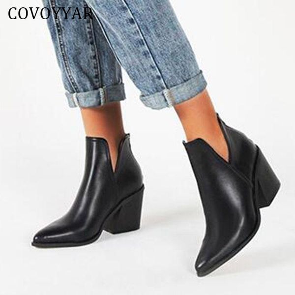 

boots covoyyar retro women ankle vintage slip-on block high heels square heel solid lady pumps shoes big sizes 43 wbs4105, Black