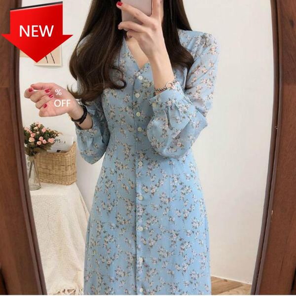 

casual dresses women floral print sweet chiffon single breasted fashion vestido elegant v neck full sleeve dress, Black;gray
