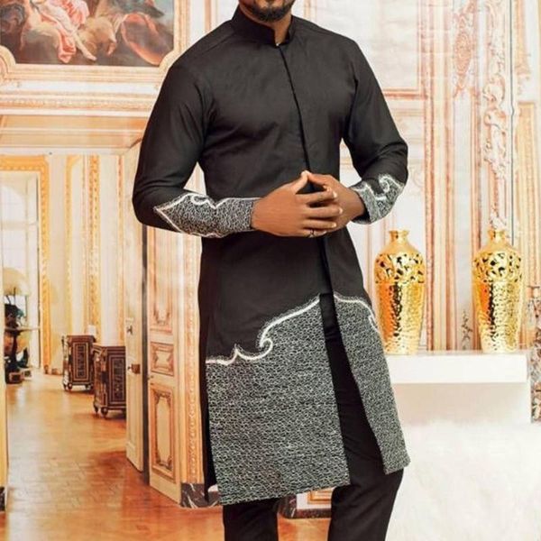 

men's casual shirts spring and autumn middle east african national style black stand collar cotton ordinary slim fit shirt, White;black