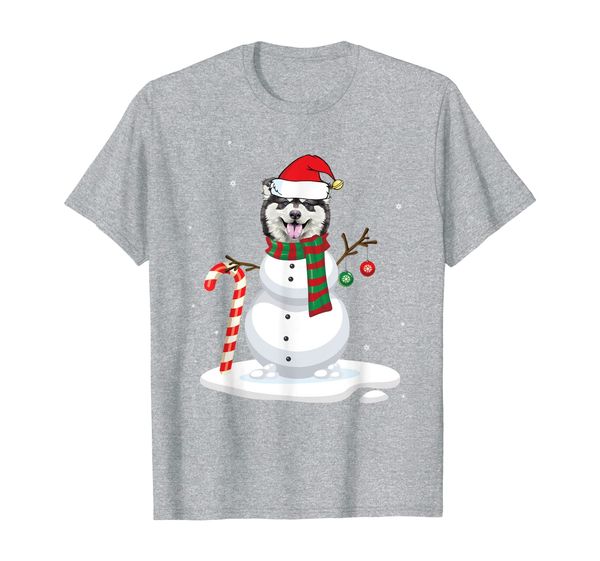 

alaskan malamute snowman with noel costume dancing on snow t-shirt, White;black