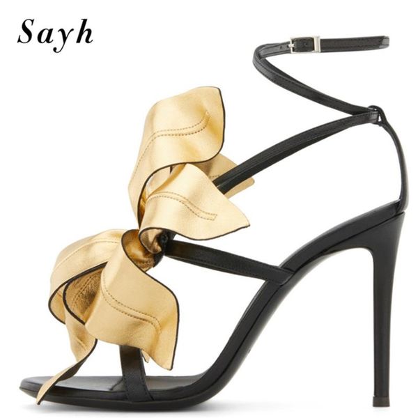 Sandálias 2021 Mulheres Moda Gold Black Bombas grossas de alto salto alto Peep-Toe Flor Ankle Fivela Festa de Prom Sapatos Tamanho Plus