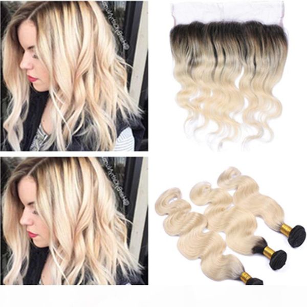 

body wave #1b 613 blonde ombre brazilian virgin human hair weave bundles with 13x4 lace frontal closure ombre blonde hair wefts with frontal, Black;brown