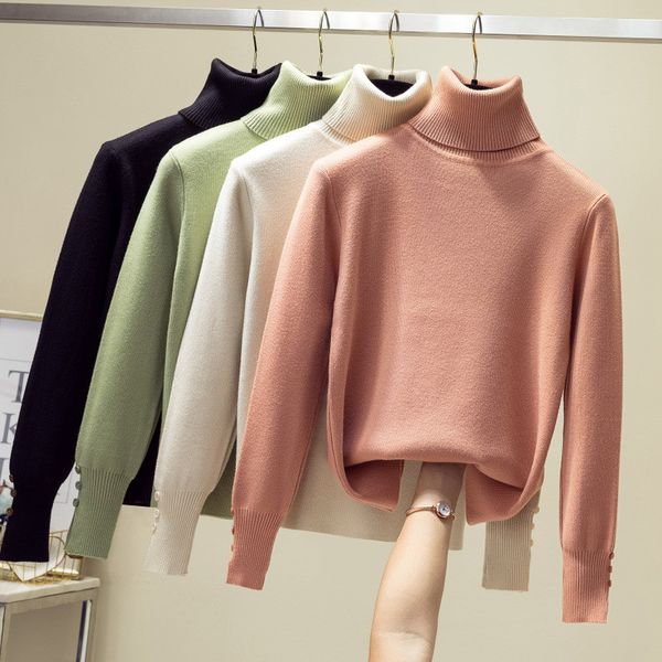 

women knitted turtleneck sweater korean ins split long sleeve elastic jumper winter thicken warm loose casual pullovers, White;black