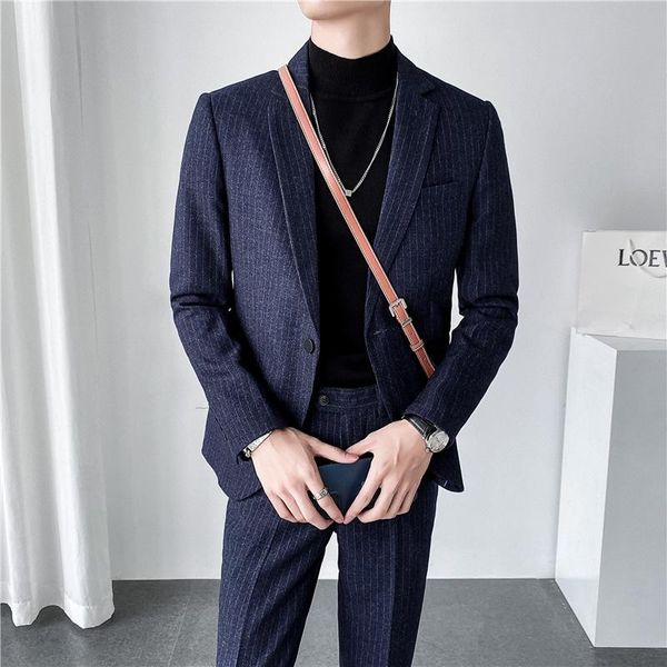

men's suits & blazers oimg lightly cooked autumn korean style slim casual striped suit two-piece, White;black