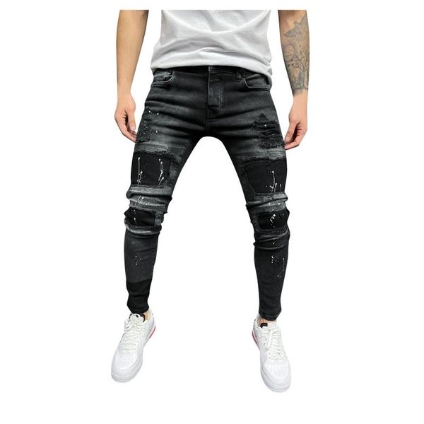 

men's jeans slim trend casual trousers hole pocket zipper black fashion long pencil 2021, Blue