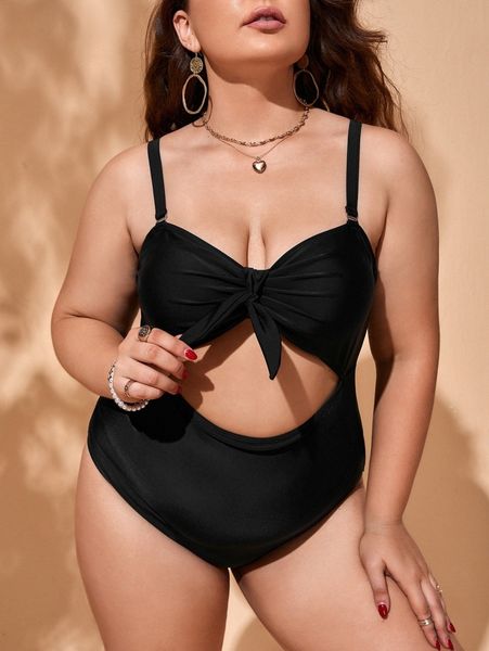 

plus solid cut out knot front one piece swimsuit 59l8#, Black